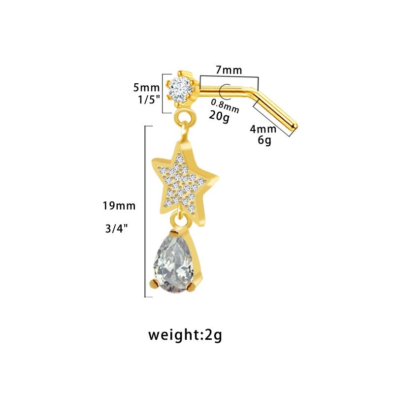 Glam Rock Ethnic Style Star Heart Butterfly Nose Rings & Studs with Teardrop Gemstone Pendant, 316 Stainless Steel and Copper Plating, Inlaid Rhinestones Zircon, Gold Plated Piercing Jewelry