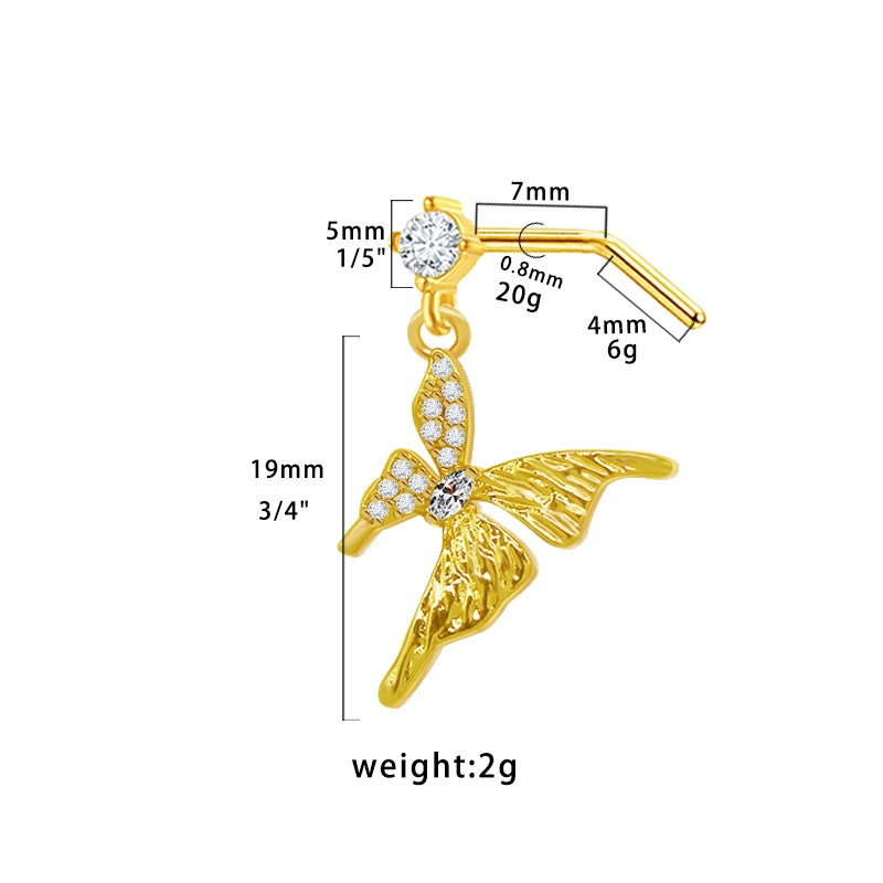 Glam Rock Ethnic Style Star Heart Butterfly Nose Rings & Studs with Teardrop Gemstone Pendant, 316 Stainless Steel and Copper Plating, Inlaid Rhinestones Zircon, Gold Plated Piercing Jewelry