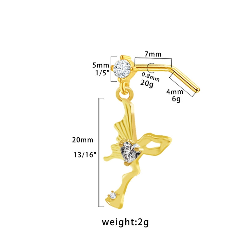 Glam Rock Ethnic Style Star Heart Butterfly Nose Rings & Studs with Teardrop Gemstone Pendant, 316 Stainless Steel and Copper Plating, Inlaid Rhinestones Zircon, Gold Plated Piercing Jewelry