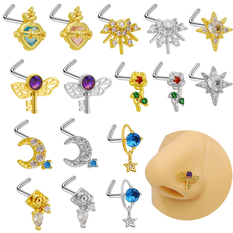 1 Piece Retro Starry Sky Flower Nose Ring & Stud 316 Stainless Steel Gold Plated with Zircon Pendant