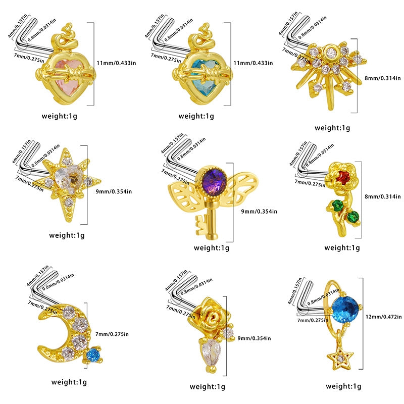 1 Piece Retro Starry Sky Flower Nose Ring & Stud 316 Stainless Steel Gold Plated with Zircon Pendant
