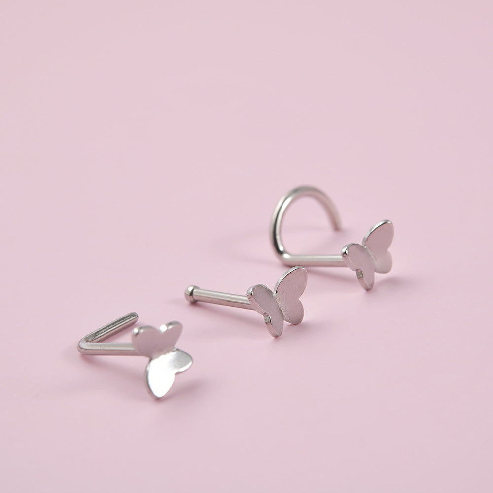 Butterfly Stainless Steel Nose Ring & Stud with Opal Accent