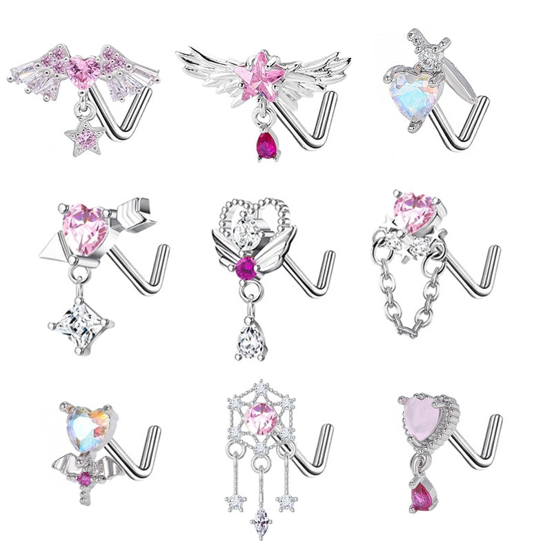 Heart Shape Wing Bow Knot Nose Studs 316 Stainless Steel with Zircon Rhinestones