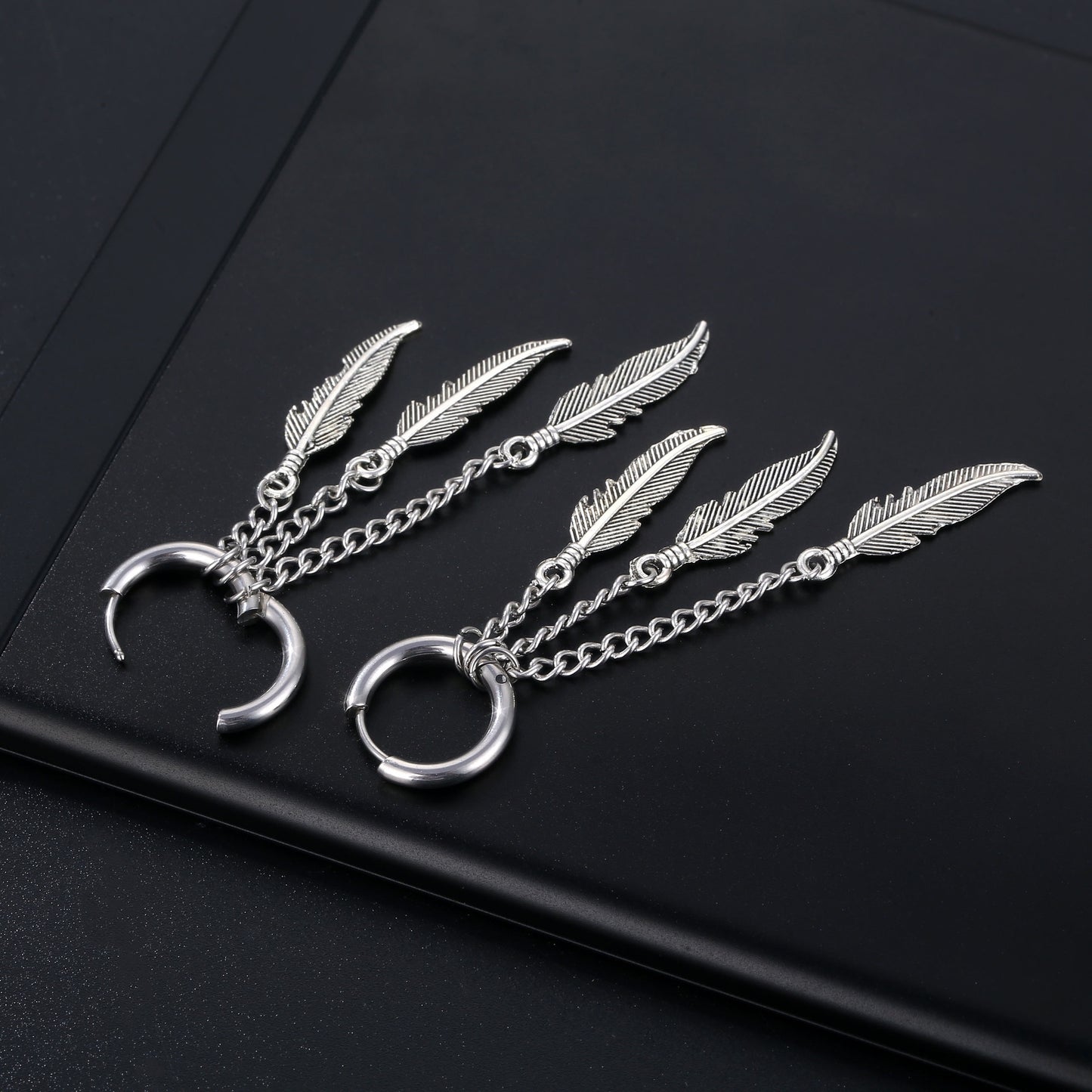 Simple Feather Titanium Steel Tassel Chain Drop Earrings for Men