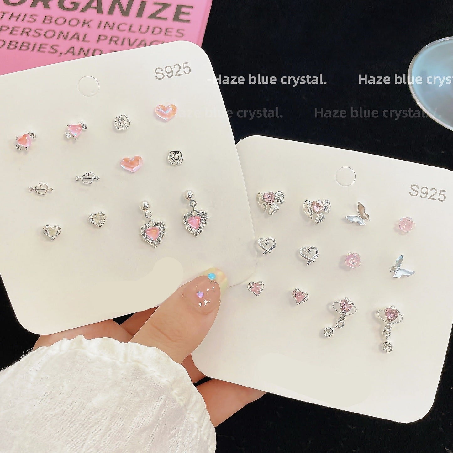 1 Set Heart Shape Flower Bow Knot Alloy Gemstone Ear Studs with Aurora Pink Diamond and Planet Pendant