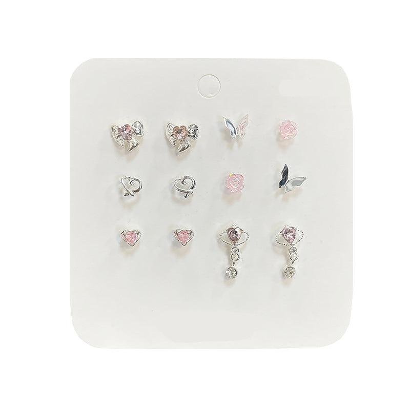 1 Set Heart Shape Flower Bow Knot Alloy Gemstone Ear Studs with Aurora Pink Diamond and Planet Pendant