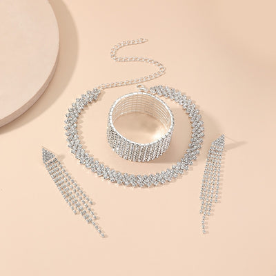 Simple Tassel Rhinestone Jewelry Set: Necklace, Bracelet, and Earrings