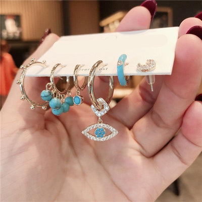 Vintage Devil's Eye Zircon Drop Earrings Set with Turquoise Studs and Hoops