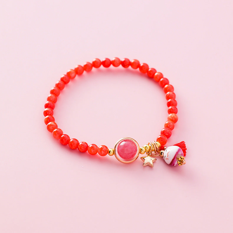 Alloy Ceramic Cat Tassel Bracelet - Pink Handcrafted Jewelry for Women