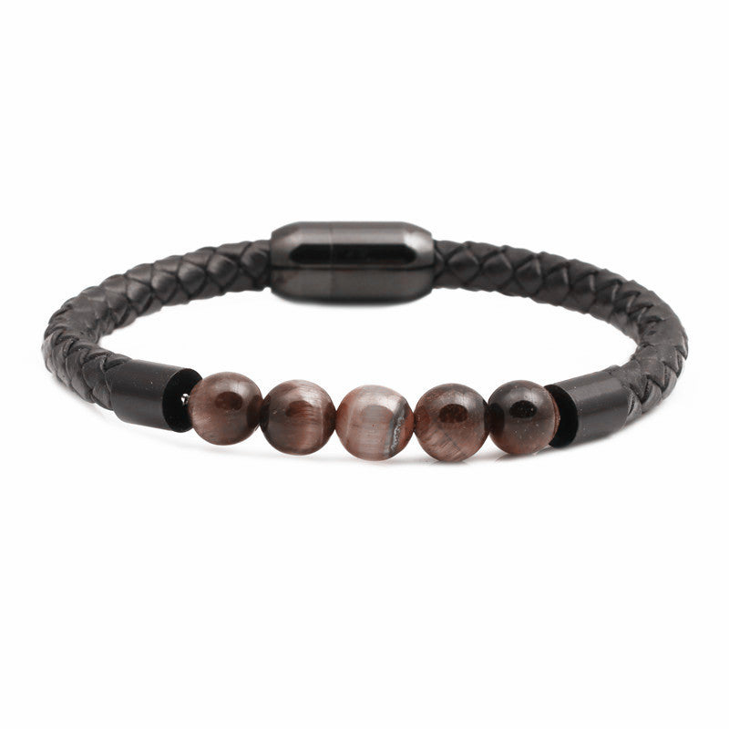 Titanium & Stainless Steel Geometric Bracelet with 8mm Colorful Tiger Eye Beads and Magnetic Clasp