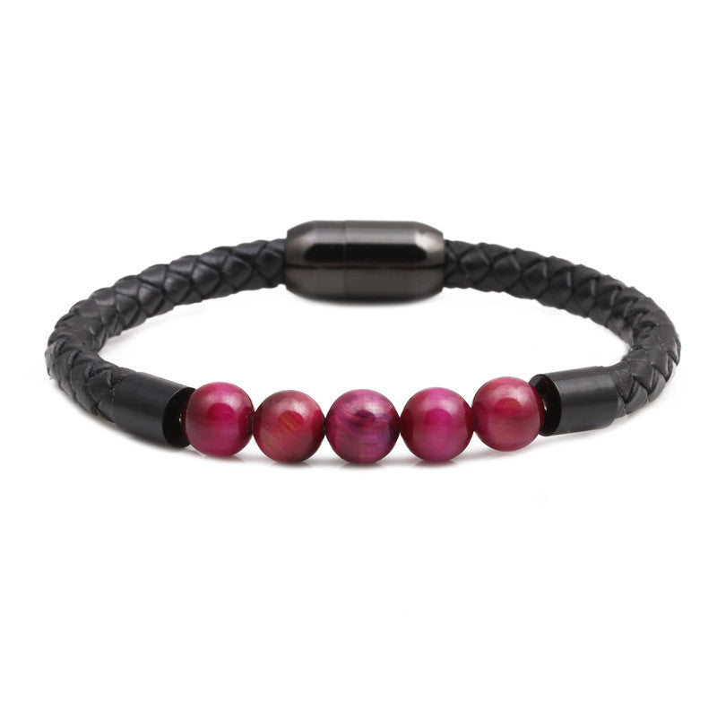 Titanium & Stainless Steel Geometric Bracelet with 8mm Colorful Tiger Eye Beads and Magnetic Clasp