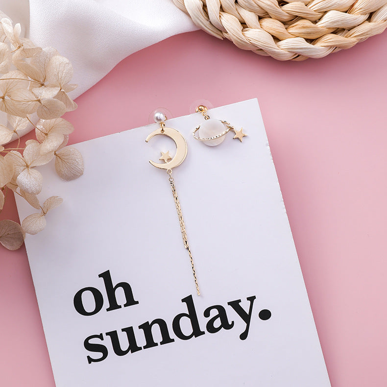 S925 Silver Pearl Shell Star and Moon Asymmetric Earrings for Women