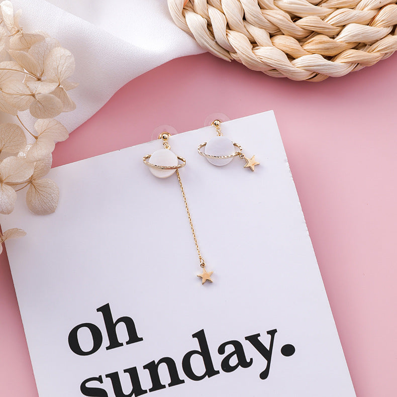 S925 Silver Pearl Shell Star and Moon Asymmetric Earrings for Women