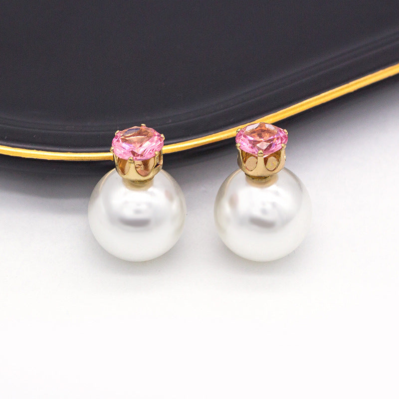 1 Pair Elegant Double-Sided Pearl Zircon Stud Earrings for Women