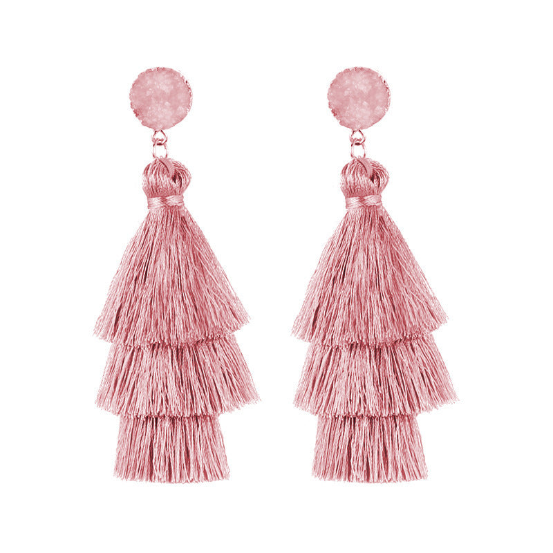 European American Retro Ethnic Multi-layer Tassel Drop Earrings in Pink