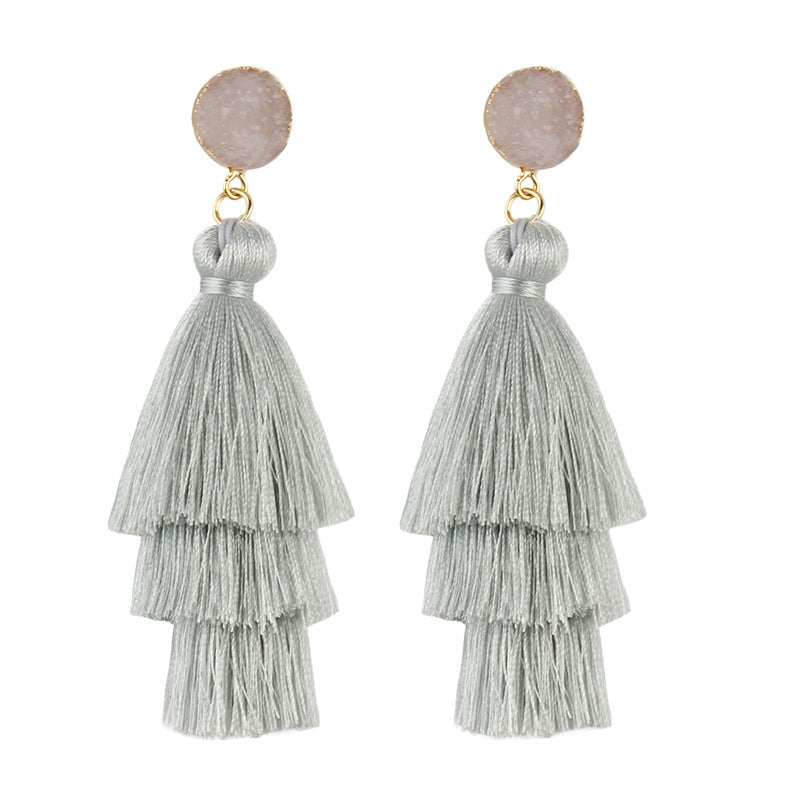 European American Retro Ethnic Multi-layer Tassel Drop Earrings in Pink