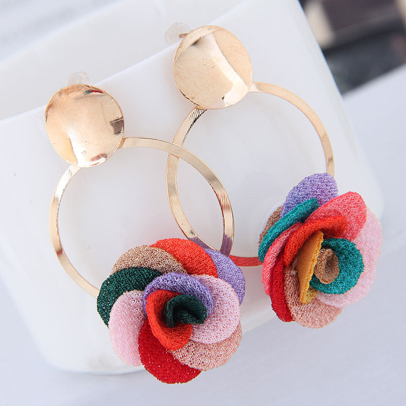 Metallic Sweet Fabric Flower Statement Earrings for Women