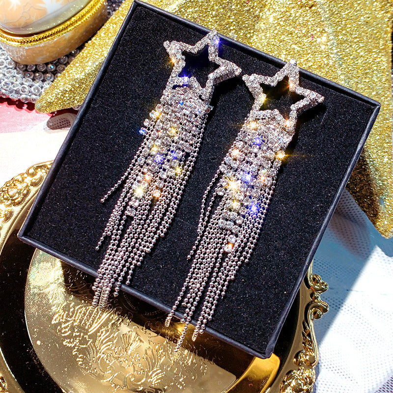 Fashion Star Tassel Zircon Drop Earrings with Butterfly Bow and Artificial Pearls