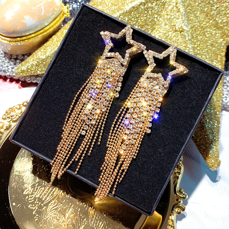 Fashion Star Tassel Zircon Drop Earrings with Butterfly Bow and Artificial Pearls