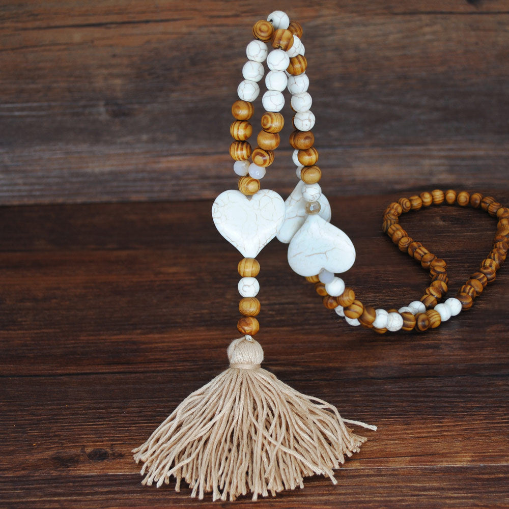 Ethnic Star Wood Beaded Tassel Sweater Necklace for Women