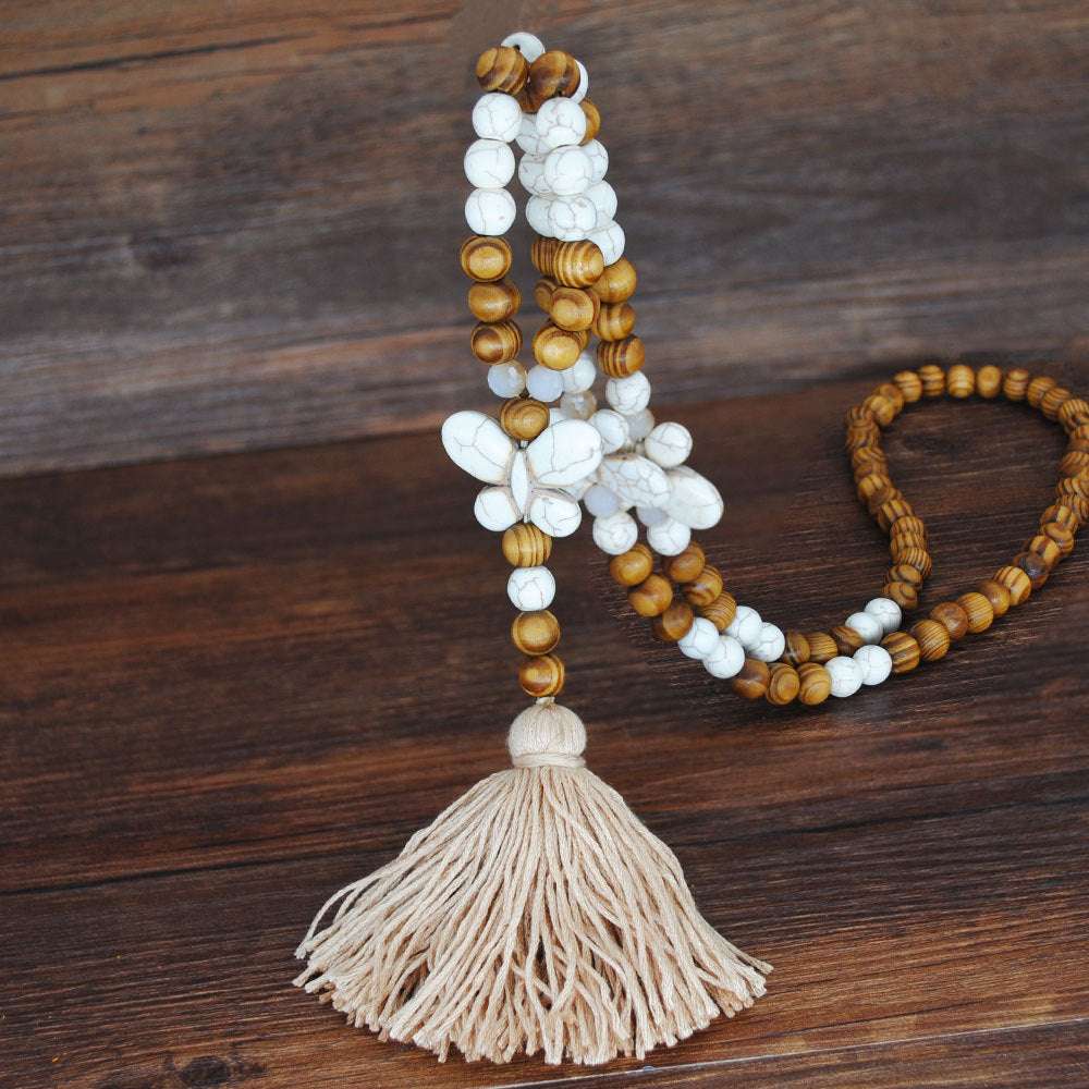 Ethnic Star Wood Beaded Tassel Sweater Necklace for Women