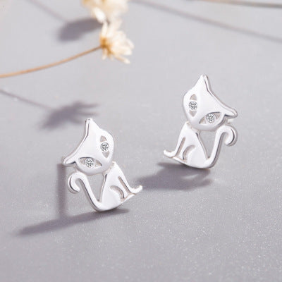 Korean S925 Sterling Silver Cute Cat and Fox Animal Earrings for Women