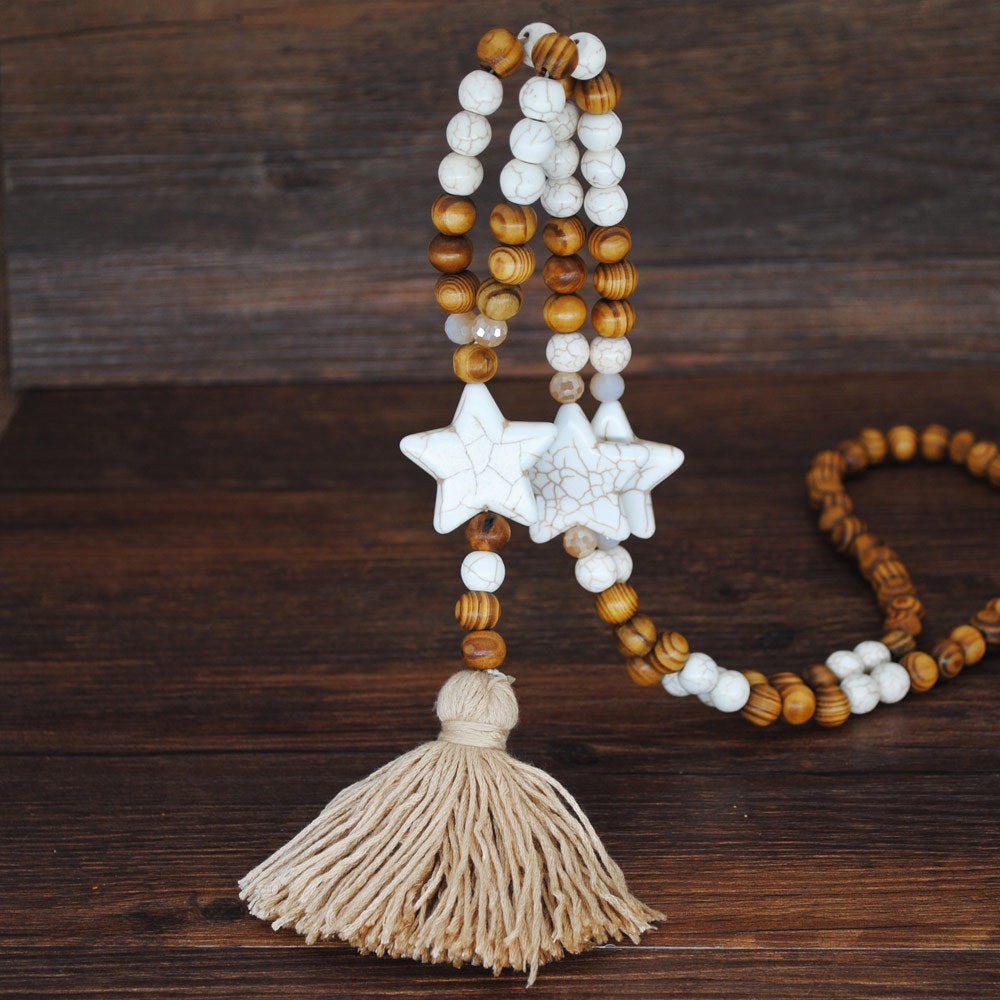 Ethnic Star Wood Beaded Tassel Sweater Necklace for Women