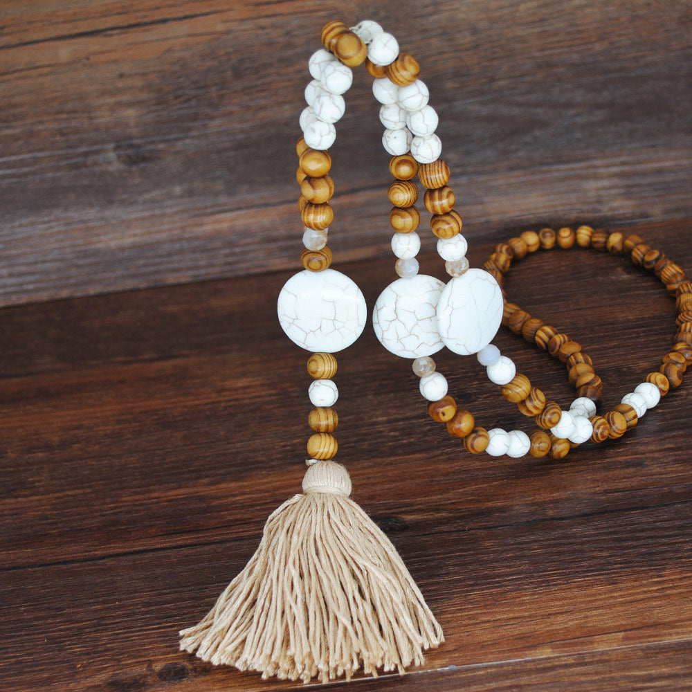 Ethnic Star Wood Beaded Tassel Sweater Necklace for Women