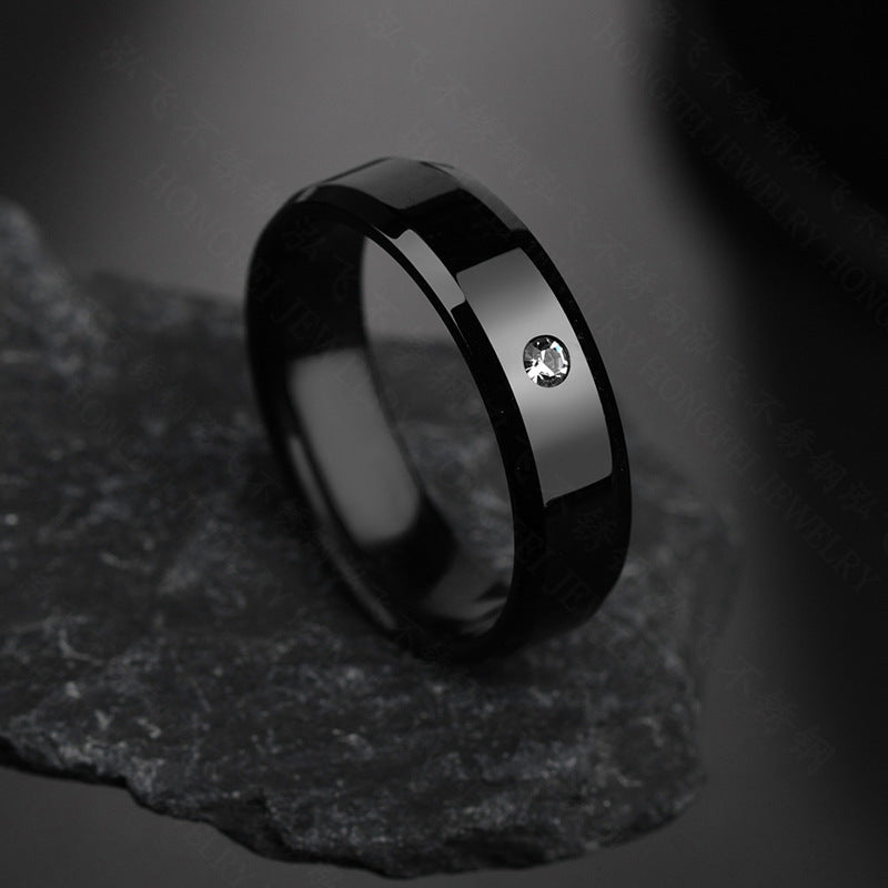 Unisex Geometric Stainless Steel Ring with 8mm Beveled Edge and Single Diamond