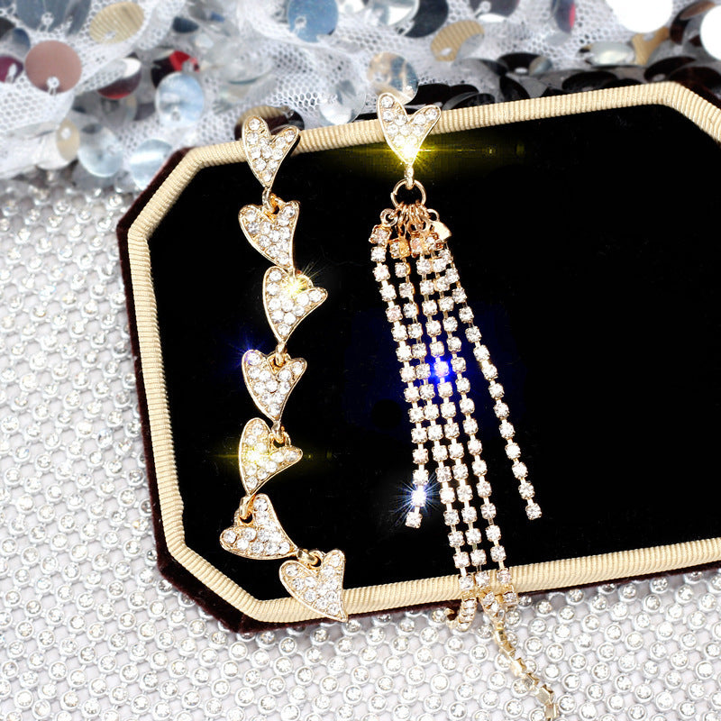 Fashion Asymmetric Rhinestone Heart Drop Earrings