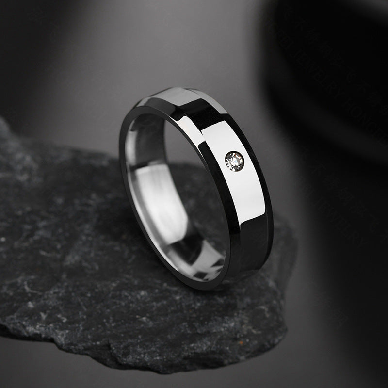 Unisex Geometric Stainless Steel Ring with 8mm Beveled Edge and Single Diamond