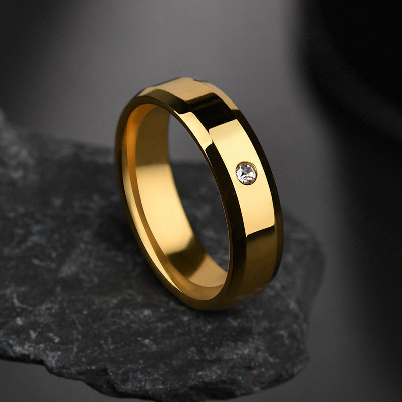 Unisex Geometric Stainless Steel Ring with 8mm Beveled Edge and Single Diamond