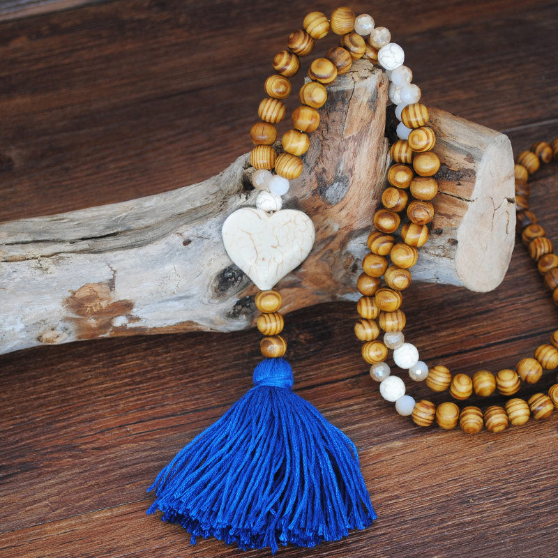 Ethnic Star Wood Beaded Tassel Sweater Necklace for Women