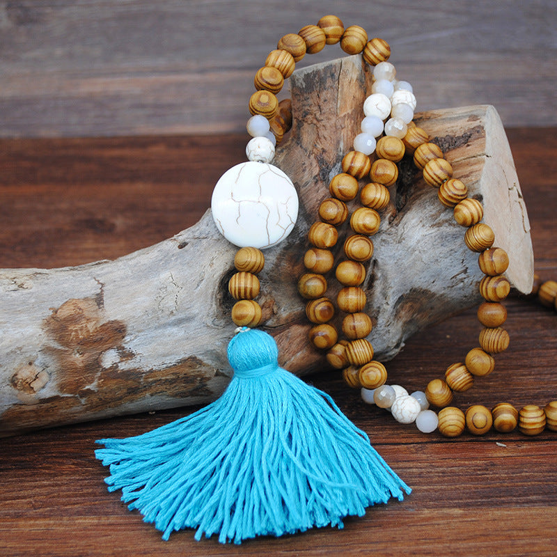 Ethnic Star Wood Beaded Tassel Sweater Necklace for Women