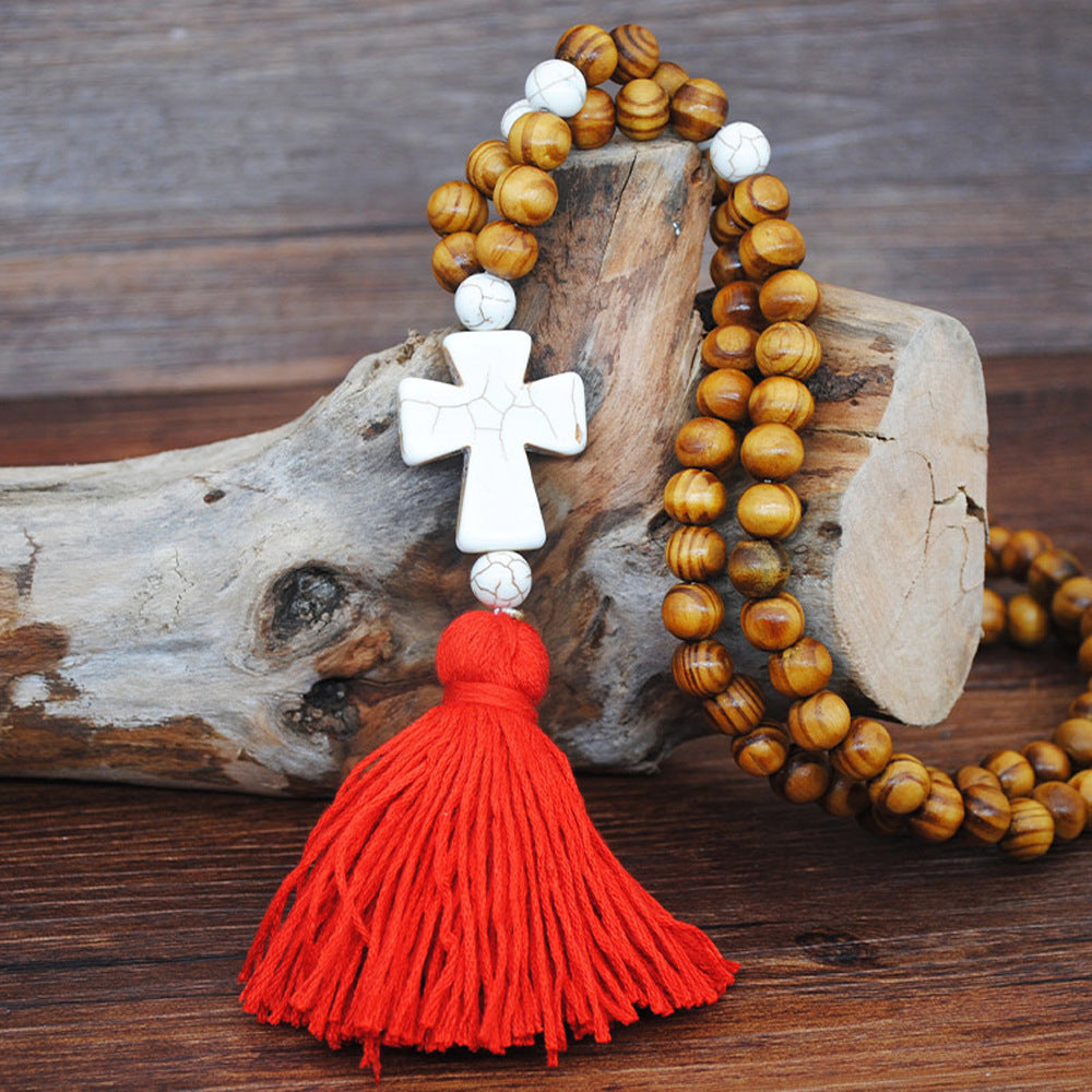 Ethnic Star Wood Beaded Tassel Sweater Necklace for Women