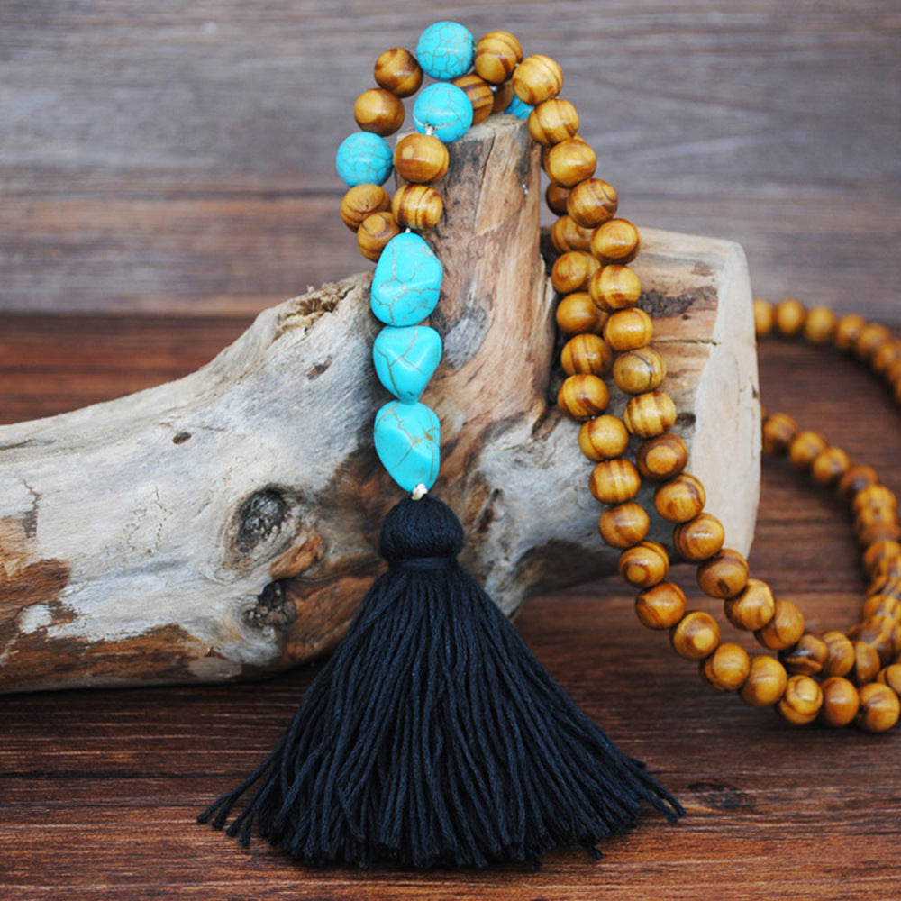 Ethnic Star Wood Beaded Tassel Sweater Necklace for Women