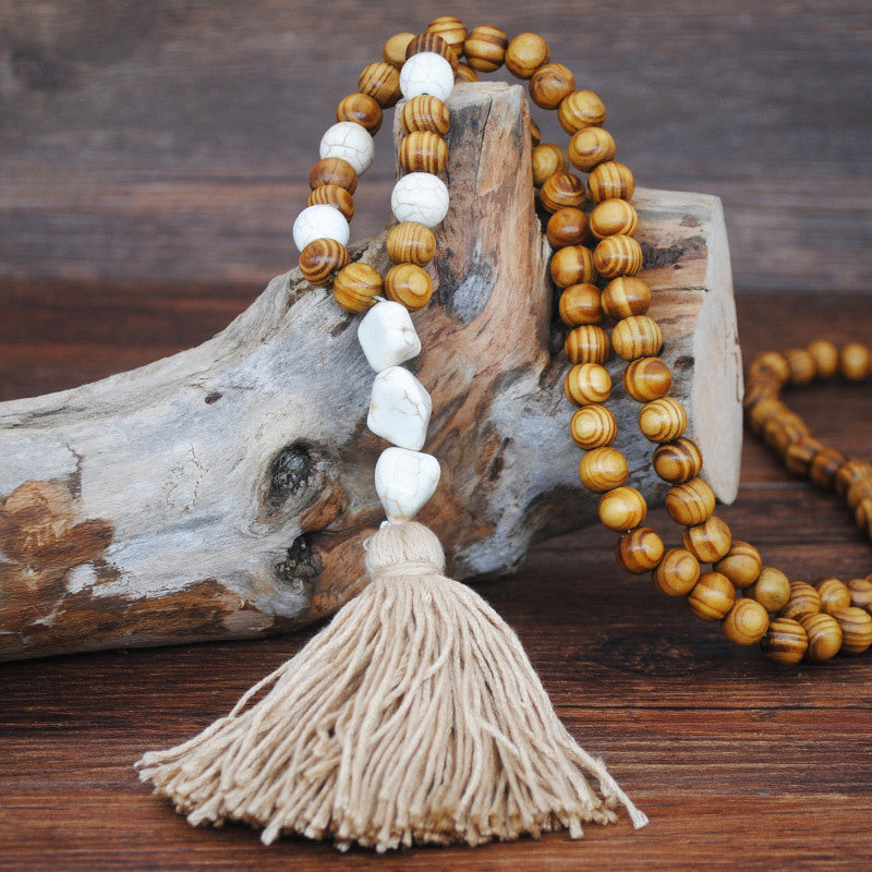 Ethnic Star Wood Beaded Tassel Sweater Necklace for Women