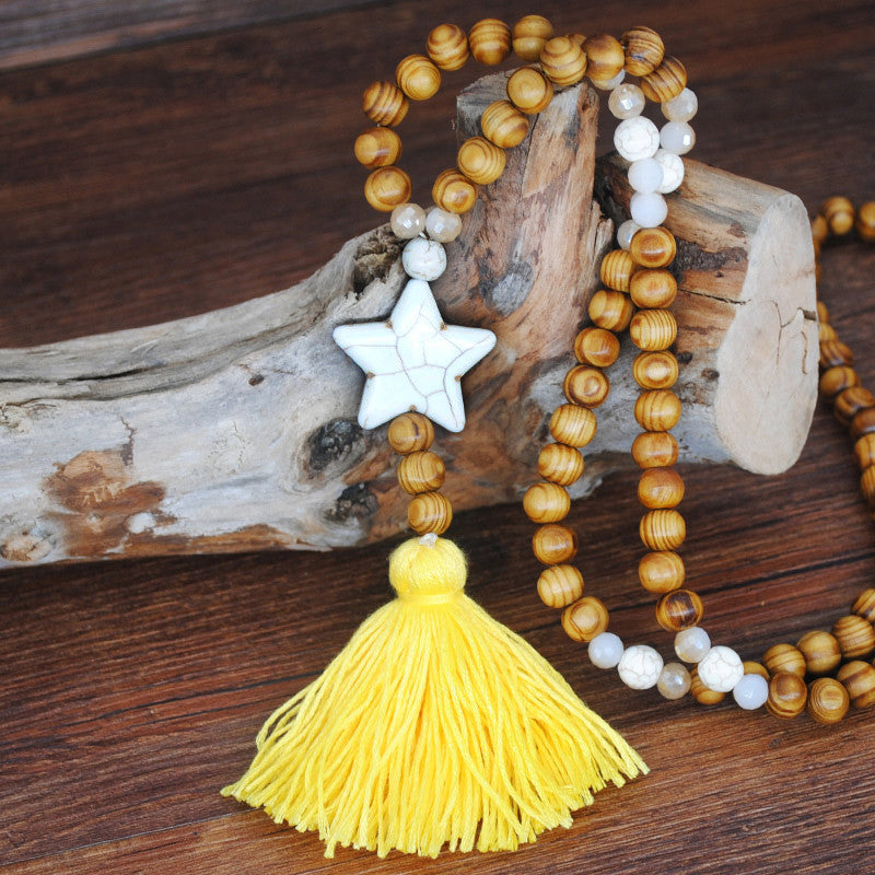 Ethnic Star Wood Beaded Tassel Sweater Necklace for Women