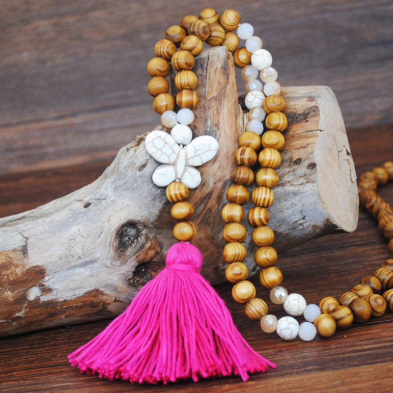 Ethnic Star Wood Beaded Tassel Sweater Necklace for Women