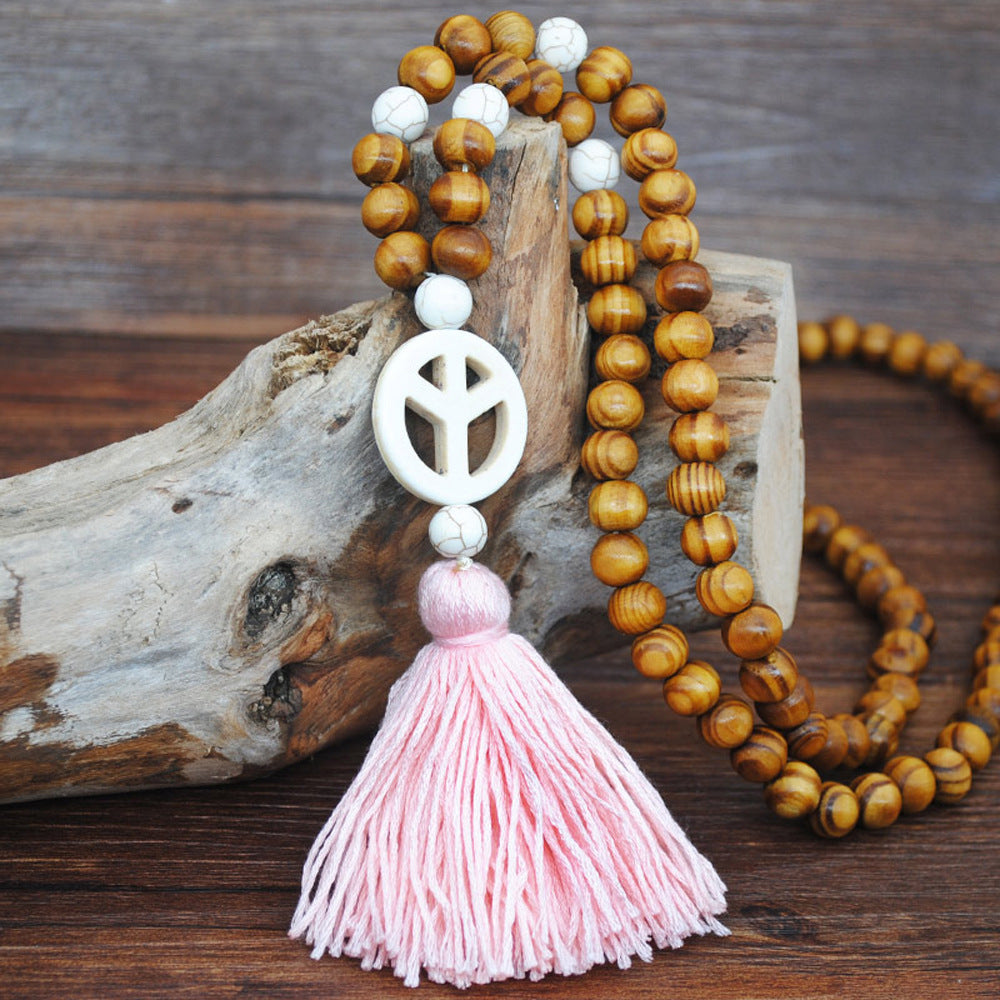 Ethnic Star Wood Beaded Tassel Sweater Necklace for Women