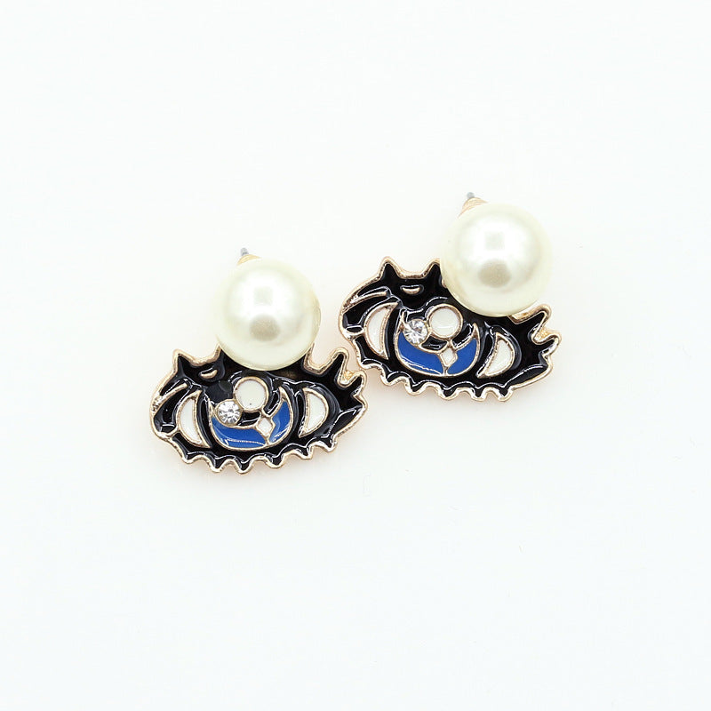 Eye and Lip Pearl Stud Earrings with Back Hanging Design