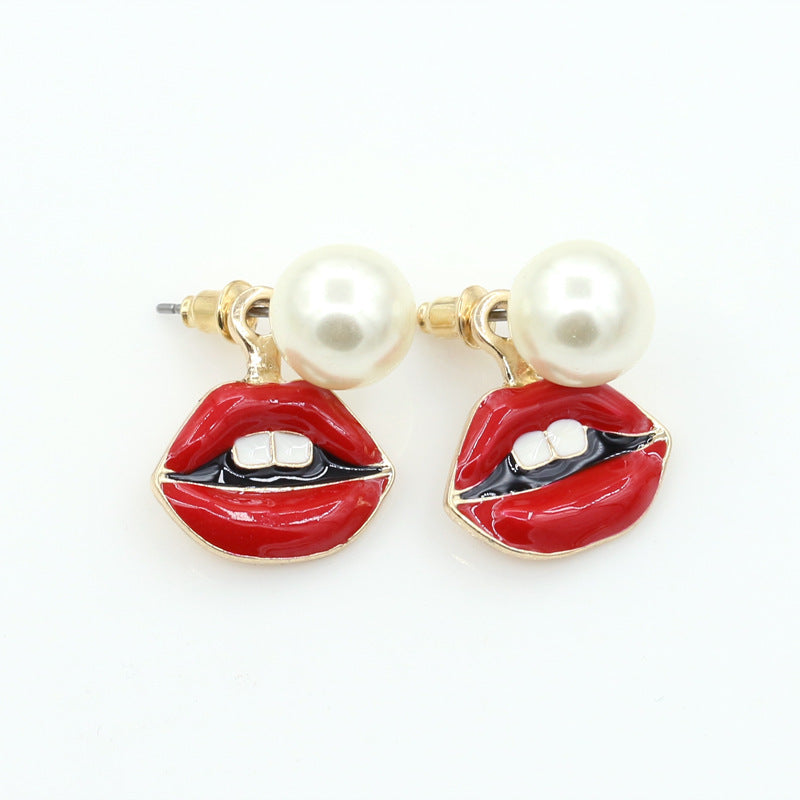 Eye and Lip Pearl Stud Earrings with Back Hanging Design