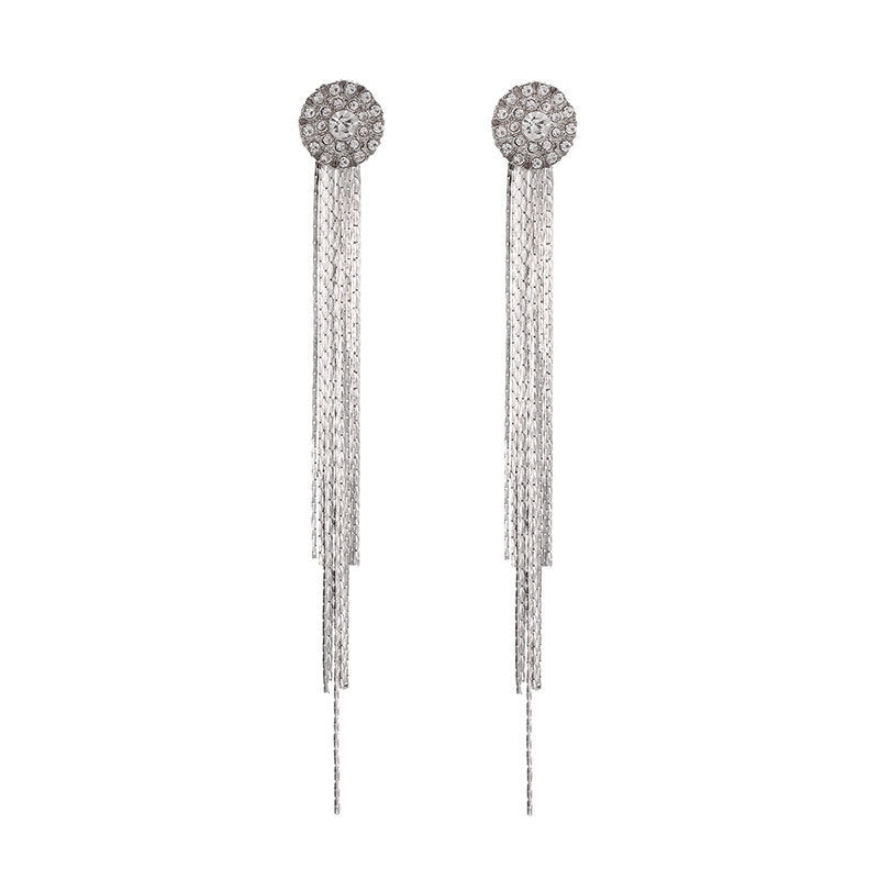 Crystal Sunflower Tassel Earrings with Chain and Drill Design
