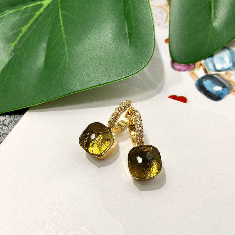 1 Pair Square Inlay Copper Crystal Zircon Candy Color Earrings