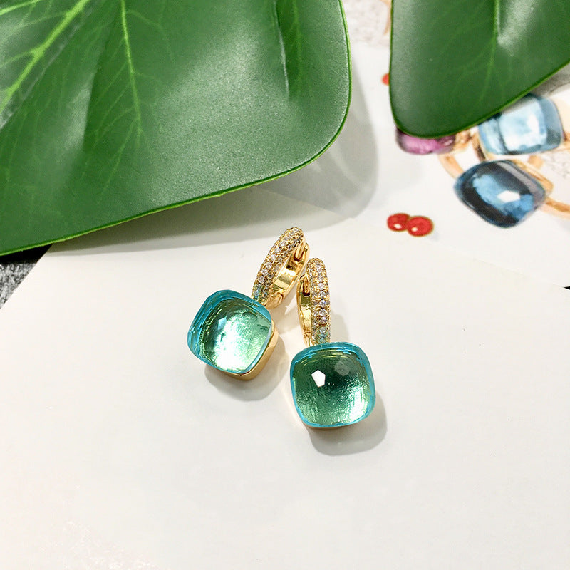 1 Pair Square Inlay Copper Crystal Zircon Candy Color Earrings