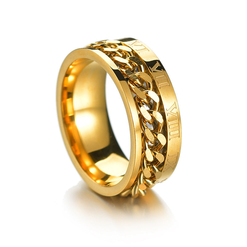 European American Stainless Steel Roman Numerals Chain Spinner Ring for Men