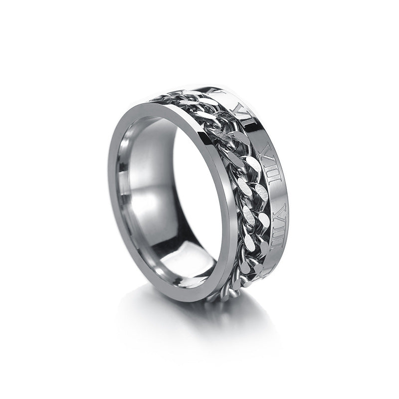 European American Stainless Steel Roman Numerals Chain Spinner Ring for Men