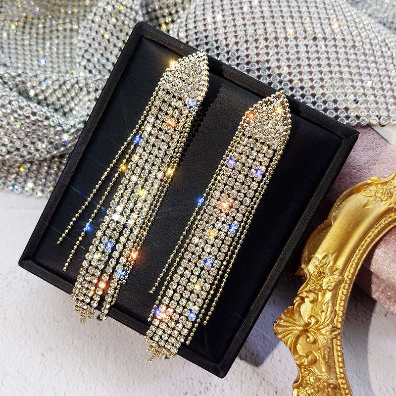 Elegant Geometric Rhinestone Tassel Drop Earrings for Women