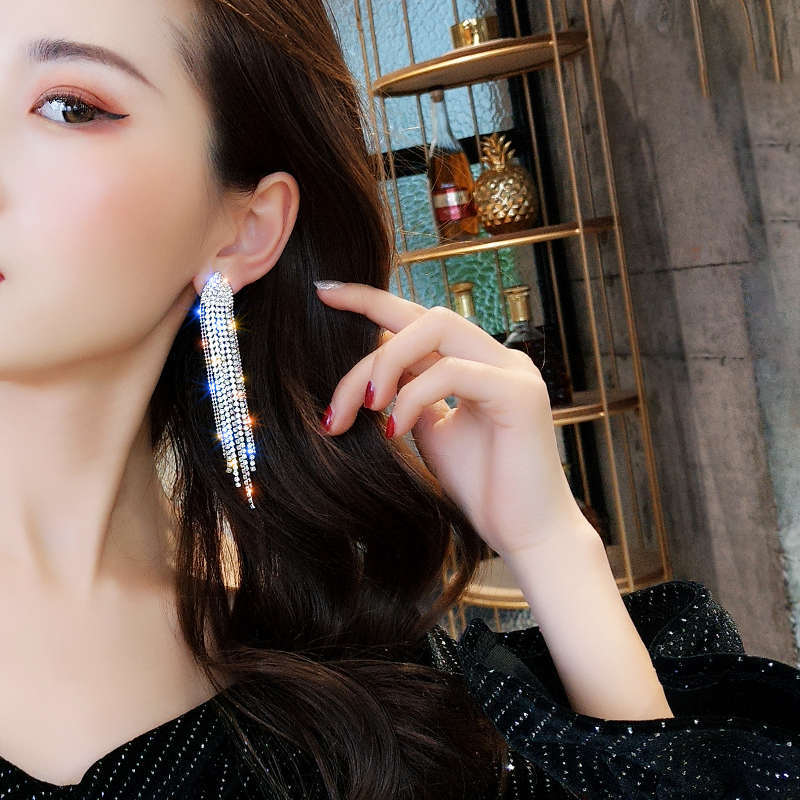 Elegant Geometric Rhinestone Tassel Drop Earrings for Women
