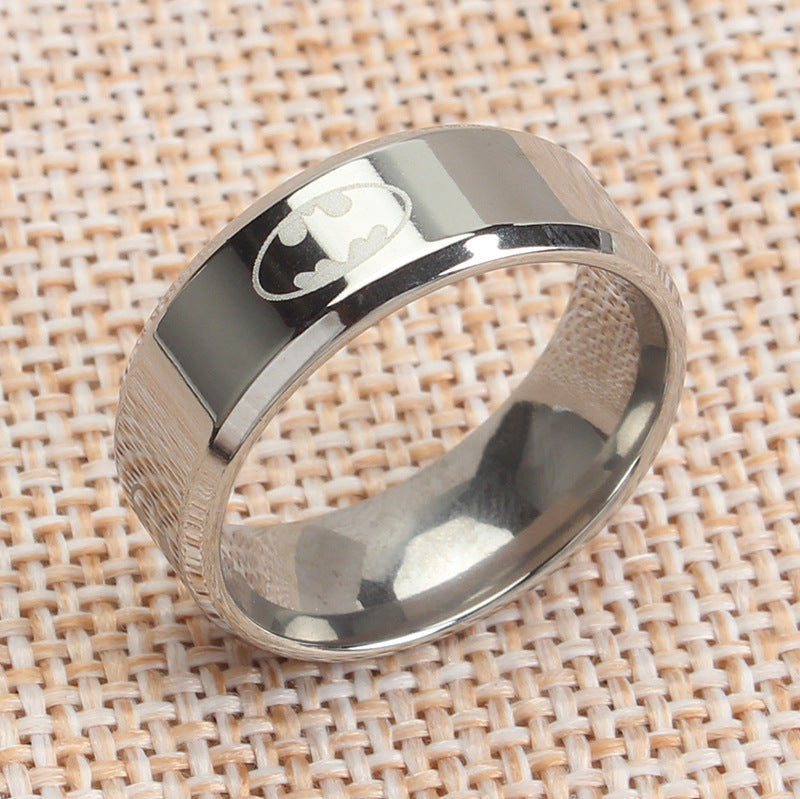 Unisex Rhinestone Engraved Batman Titanium Steel Ring for Halloween and Hip Hop Jewelry